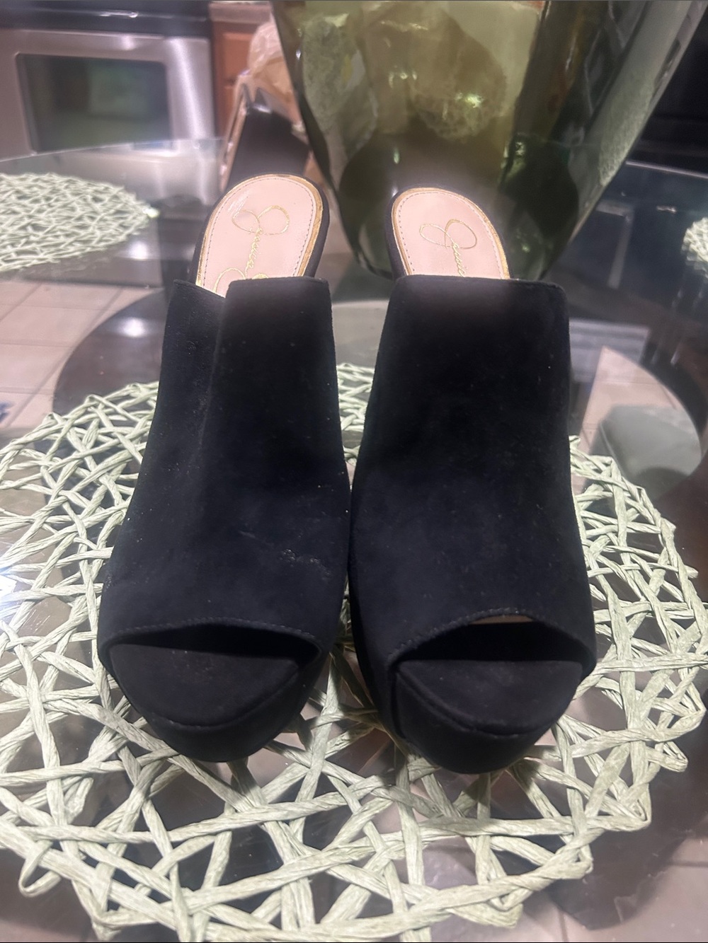 Black Suede Peep-Toe Mule Heels
